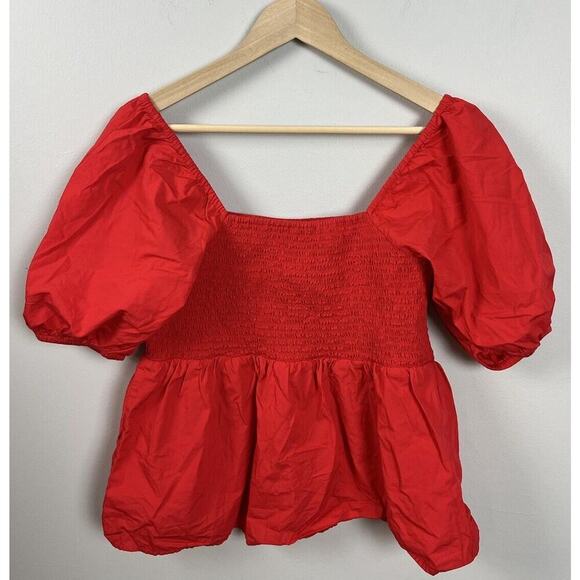 Loft Smocked Puff Short Sleeve Peplum Top Red Size Medium Cotton Stretch Women’s - Picture 3 of 6